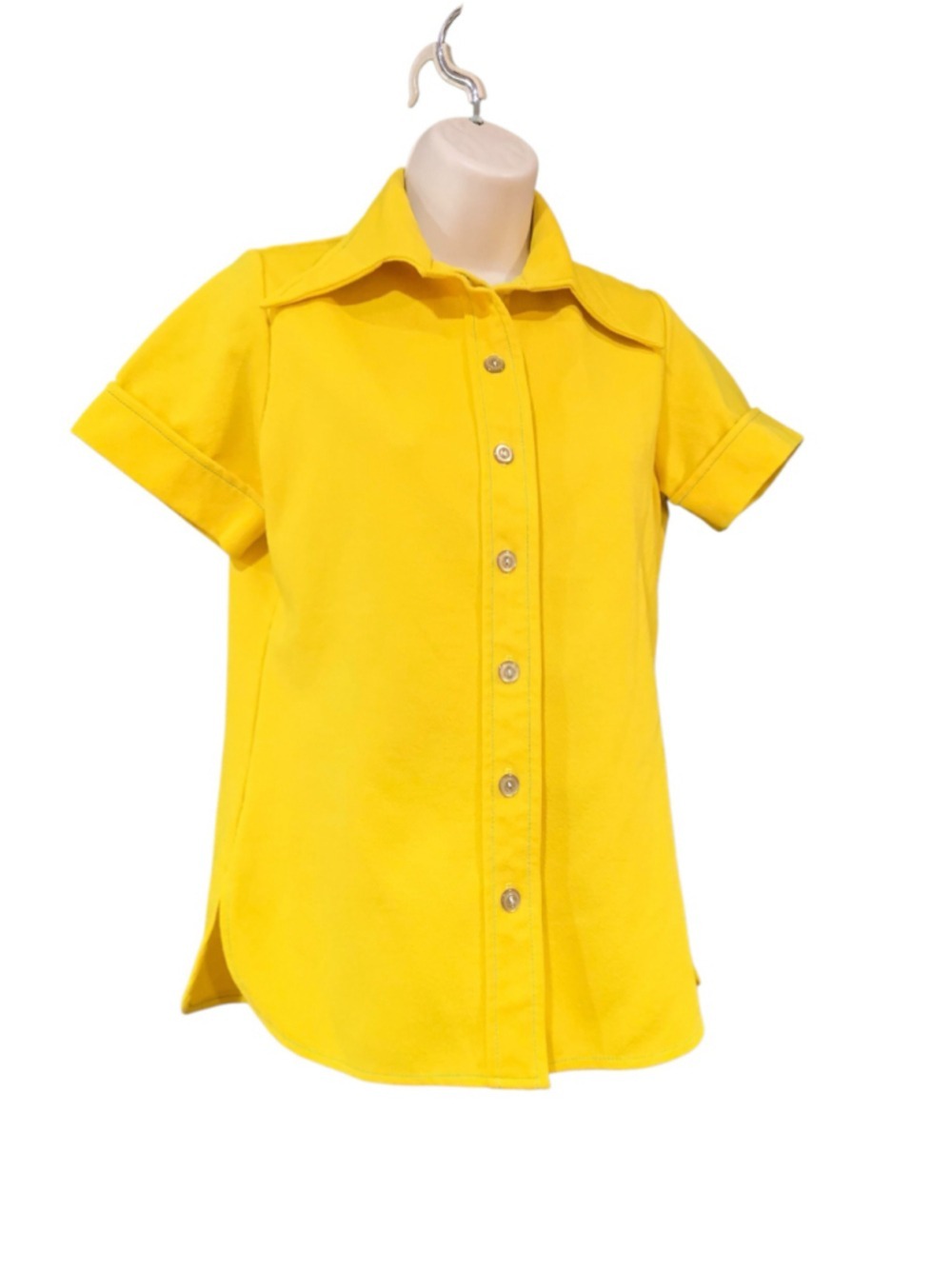 Vntg 70’s Women's Vintage Yellow Button Down Shirt with Green Stitching, Size M